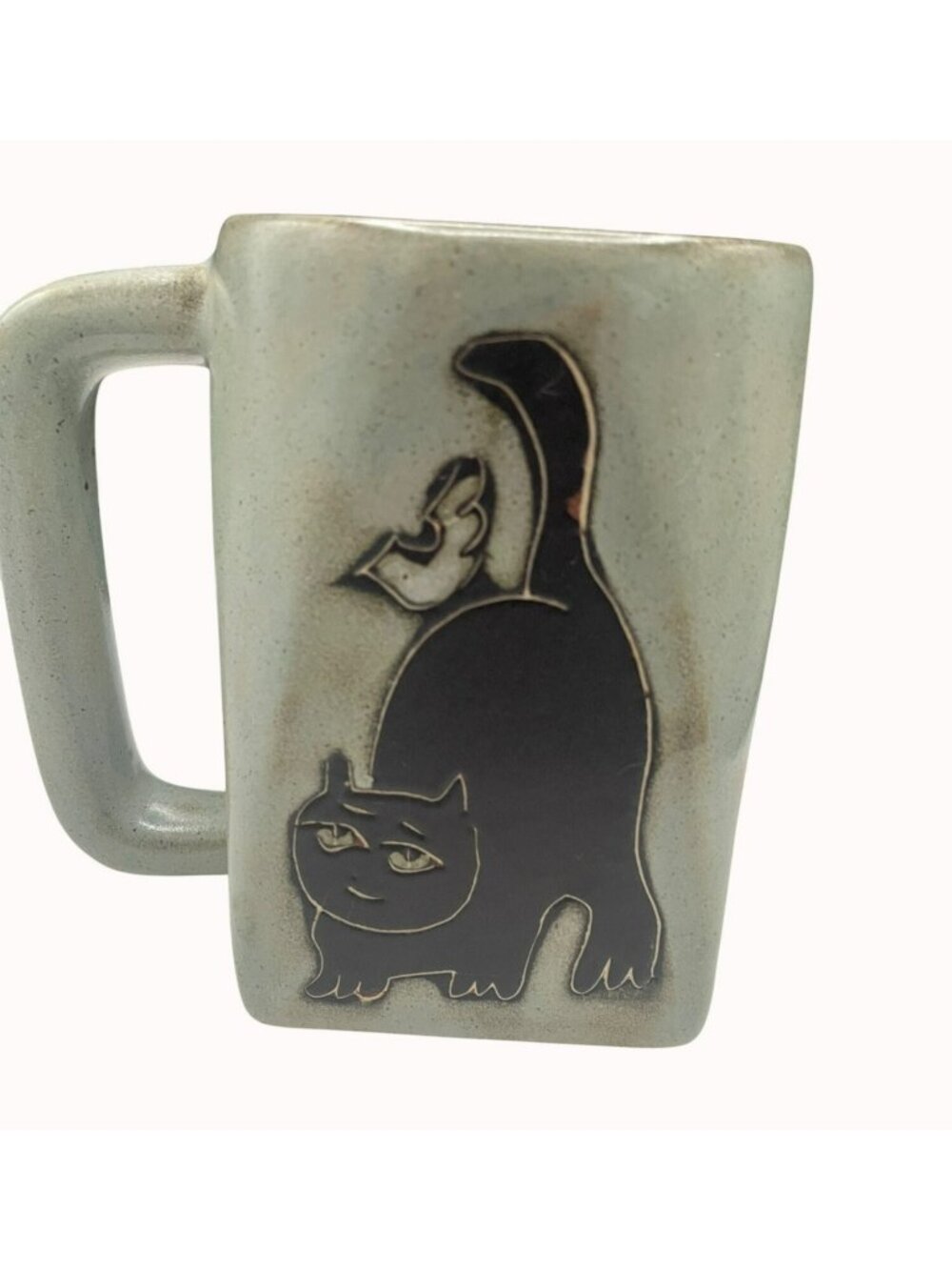 VTG Mara Stoneware Handcrafted Cat Mug, Signed, Mexican Art Pottery 4.5 in